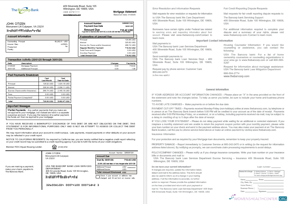 Download USA The Bancorp bank mortgage statement in Word and PDF formats Photoshop template